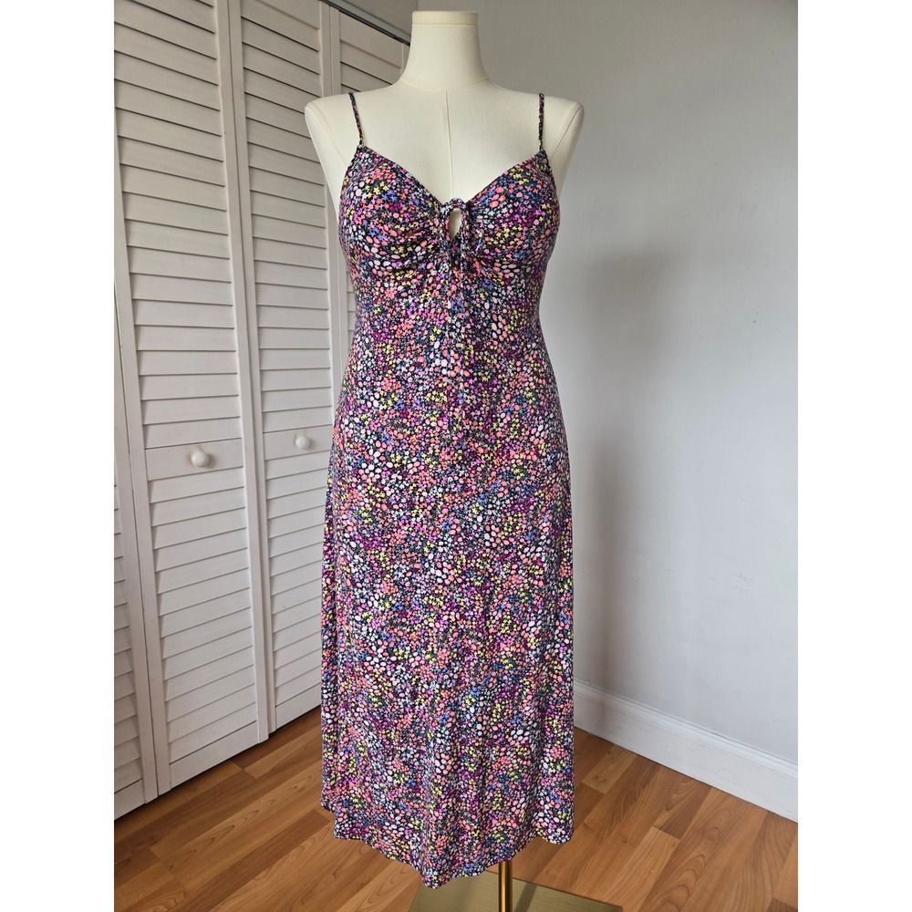 H&M Black Floral Cutout Tie Back Midi Dress Size L Y2K Cottage Boho Festival